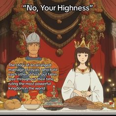 an anime scene with two people sitting at a table in front of a giant throne