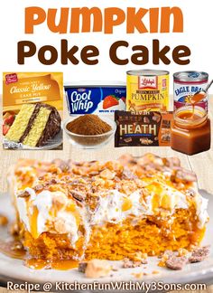 pumpkin poke cake on a plate with the title overlay