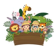 children's illustration with jungle animals and people in a boat