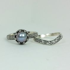 Edwardian Style Gray Pearl Engagement Ring with Matching Curved Wedding Band Set Unique Wedding Ring Silver, Vintage Engagement Ring Silver, Vintage Pearl Engagement Ring, Antique Silver Wedding Rings, Antique Engagement Rings Edwardian, Vintage Silver Wedding Rings, Unique Silver Wedding Rings, Non Traditional Engagement Rings Silver, Goth Wedding Rings