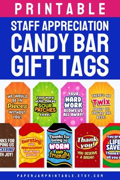 the printable candy bar gift tags are available in multiple colors and sizes, including pink, blue, green, yellow