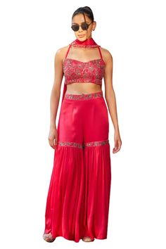 Hot pink blouse with floral jaal zari embroidery embellished by beads and sequins. Comes with sharara and dupatta. - Aza Fashions Elegant Floral Embroidered Georgette Choli, Elegant Embellished Lehenga For Summer, Elegant Embellished Summer Lehenga, Glamorous Embroidered Georgette Set, Elegant Embellished Sharara For Summer, Summer Reception Embellished Choli, Embellished Georgette Sharara For Summer, Glamorous Choli With Intricate Embroidery, Elegant Summer Lehenga With Embroidery