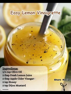 lemon vinaigrete recipe in a mason jar with ingredients on the side and text overlay