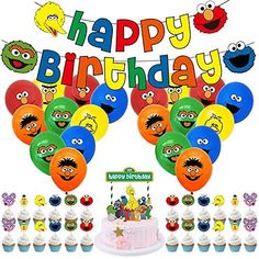 sesame street birthday party supplies including balloons, cupcakes and cake with characters on it