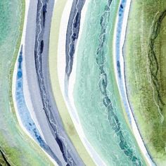 an abstract painting with blue, green and white stripes on the water's surface