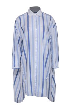 Current Boutique-Love Binetti - White & Blue Striped Button Up Dress Sz XS Casual Oversized Striped Dresses, Striped Oversized Dresses For Daywear, Oversized Striped Spring Dresses, Casual Blue Dress With Striped Hem, Casual Spring Dresses With Contrast Stripes, Casual Daywear Dress With Striped Collar, Sweater Style, Weekend Trip, Button Up Dress