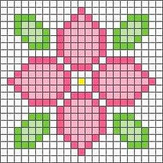 a cross stitch pattern with pink and green flowers on the bottom, yellow center in the middle