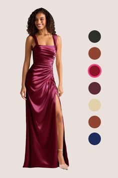 a woman in a long red dress standing next to an assortment of color swatches