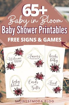 baby shower printables with the text 65 + baby in bloom baby shower printables free signs and games