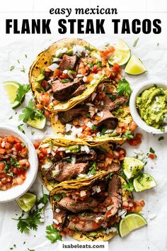 steak tacos with salsa and guacamole in the middle on a white background