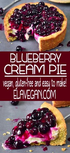 blueberry cream pie is cut in half and ready to be eaten