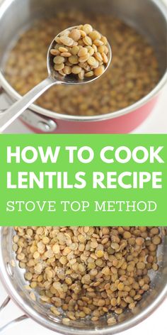 lentils in a pot with text overlay how to cook lentils recipe stove top method