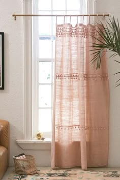 a living room with a couch, window and potted plant