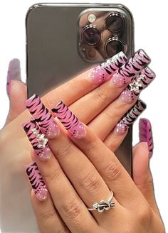 Long Nails Y2k, Y2k Nails Long, Pink Zebra Print Nails, Early 2000s Nails, Nails Zebra Print, Nails Y2k