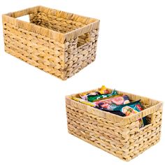 two wicker baskets filled with snacks and candy on top of each other in front of a white background