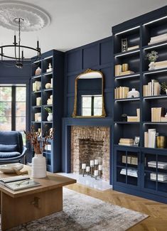 a living room filled with furniture and a fire place in front of a book shelf