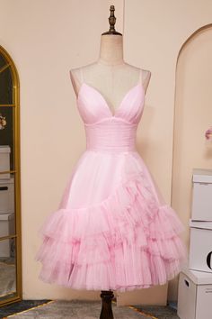 This style of homecoming dress features a plunging V neckline with spaghetti straps, a fitted bodice adorned with pleats, and a glittery A-line skirt with multiple layers and a short-length hem.

Color: Pink & Ivory.
Fabric: Tulle.
Shell: 100% Polyester
Length: Short Length

Back: :Zip Up.
Fully lined.
Built-in bra
Hand Wash Cold. Do Not Bleach. Line Dry. Iron Low Heat. Sky Blue Fabric, Photo Bleu, Hot Prom Dress, Photo Rose, Red Homecoming Dresses, Pink Homecoming Dress, Ivory Fabric, Pink Ivory, Black Prom