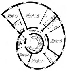 a drawing of a spiral staircase in the shape of a house with lots of rooms