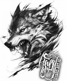 a drawing of a wolf with its mouth open and the words, spirit on it