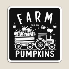 farm fresh pumpkins sticker on a black and white square background with an illustration of a tractor