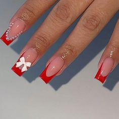 24pcs French square nail red pearl bow fake nail, press nails, fake nails, suitable for women and Square Red Nails Design, White And Red Nail Designs, Rich Nails Design, Red Medium Nails, White And Red Nails Ideas, Red And White French Tip Nails, Red And White French Tip, Red Nails With Bow, Red Square Acrylic Nails