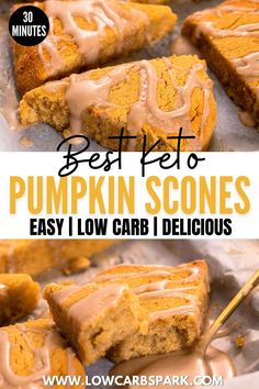 pumpkin scones with caramel drizzle on top and text overlay saying best keto pumpkin scones easy low carb