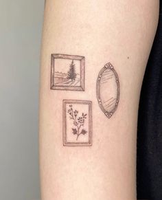 a woman's arm with three pictures and a mirror on the back of it