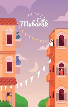 an image of a happy eid mubarak greeting card with people in the windows