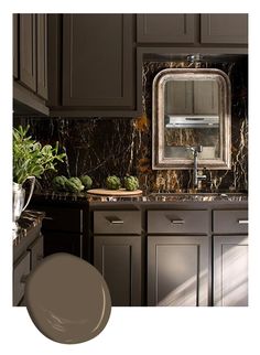 a kitchen with dark brown cabinets and marble counter tops is featured in an article from the home depot