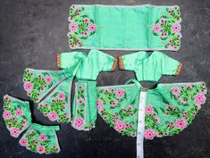 Beautiful bright sea green silk outfit with exquisitely fine embroidery in a pink rose design with jewel accents.    A matching set of miniature deity/doll dresses in the traditional Indian fashion of dhoti, dancing skirt, chadder shawls and top for males and skirt, top and veil for females. Suitable for Radha Krsna deities approx 8 inch height. Please check the skirt measurements to make sure you choose the correct size suited to your deities/dolls.  This listing is for one full miniature outfi Green Embroidered Festival Sets, Festive Green Choli With Handwork, Traditional Green Lehenga With Handwork, Green Sets With Floral Embroidery For Festivals, Green Floral Embroidered Sets For Festivals, Green Floral Embroidery Saree Sets, Green Handwork Sets For Wedding, Green Wedding Sets With Handwork, Green Set With Floral Embroidery And Traditional Drape