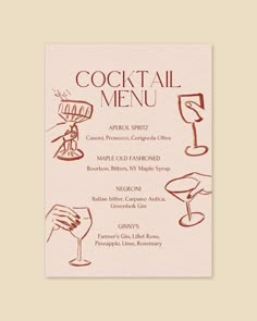 a menu for a cocktail party with hand drawn images on the front and back cover