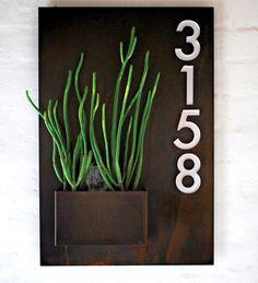 there is a plant that is on the wall and it has numbers in front of it