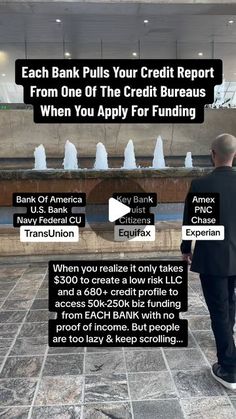 a man in a suit walking towards a fountain with words on it that read, each bank pulls your credit report from one of the credit bureaus when you apply for funding