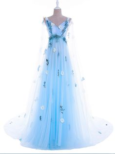 Light Blue Tulle Dress For Banquet, Blue Tulle Gown For Homecoming, Light Blue Banquet Dress With Sweep Train, Blue Tulle Gown With Sheer Bodice, Party Dress With Sheer Bodice In Light Blue, Light Blue Party Dress With Sheer Bodice, Light Blue Sheer Bodice Party Dress, Light Blue Sheer Bodice Dress For Party, Blue Organza Dress For Banquet