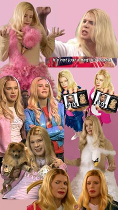 the collage shows many different women with blonde hair and pink makeup, one in a white