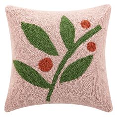 Ampersand Christmas Berries Hook Throw Pillow Ampersand Design, Hook Pillow, Hooked Pillow, Christmas Berries, Holiday Throw Pillow, Holiday Throw, Hooked Wool, Unique Materials, Green Material