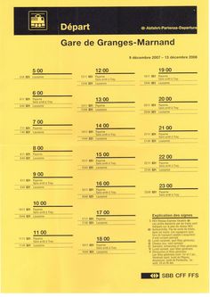 a yellow menu with numbers on it and prices in english, spanish and french language