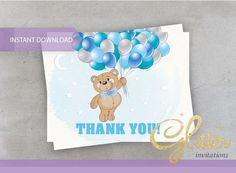 a thank you card with a teddy bear holding blue and silver balloons in the shape of a heart