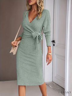 Lasaky - Chic Ribbed Knotted Bodycon Dress with V-Neck and Long Sleeves - Womens Casual Apparel Long Dresses Elegant, Knit Wrap Dress, 파티 드레스, Ribbed Dress, Long Sleeve Knit Dress, Vestido Casual, Long Sleeve Midi, Long Sleeve Midi Dress, Tie Dress