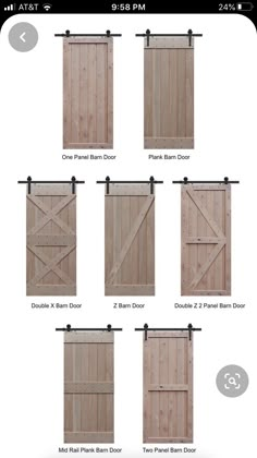 six different types of sliding doors with the names and numbers on each door, which are labeled