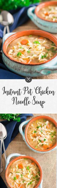 instant pot chicken noodle soup in an orange and white bowl on a blue cloth