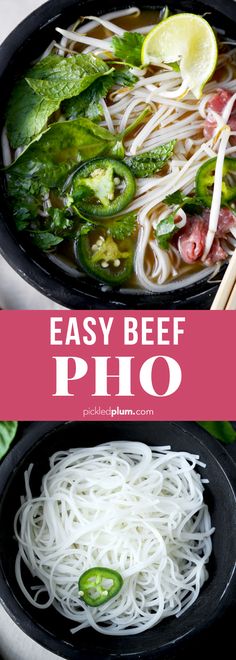 easy beef pho soup with noodles and vegetables in a black bowl on a white table