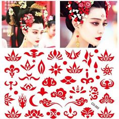 some red and white designs on a woman's face with flowers in her hair