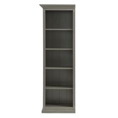 a tall bookcase with three shelves on each side and one door open to the other