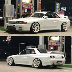 two pictures of a white car parked in front of a gas station