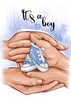 two hands holding a blue shoe with the words it's a boy in spanish