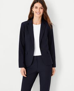 Elevate your wardrobe with the Ann Taylor Petite Notched One Button Blazer in Seasonless Stretch, a must-have for any fashion-forward professional. This blazer is designed to offer both style and comfort in a deep navy sky color that complements any outfit.

- Size: Petite 00
- Color: Deep Navy Sky
- Material: Shell - 68% Polyester, 29% Viscose, 3% Spandex; Body Lining - 100% Polyester; Sleeve Lining - 95% Polyester, 5% Spandex
- Gender: Female
- Fit: Tailored fit
- Length: Hits at hip, approxim Tailored Navy Blazer, Tall Wide Leg Pants, One Button Blazer, Open Sleeves, Knitted Suit, Hip Style, Professional Wardrobe, Open Sleeve, Crochet Clothing