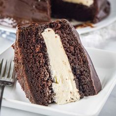 a slice of chocolate cake on a plate with a fork