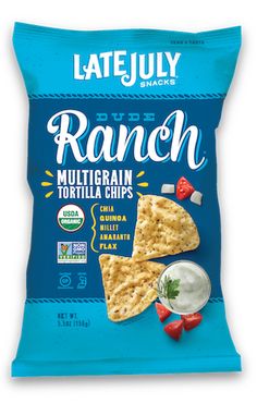 a bag of ranch tortilla chips with strawberries on the side and sour cream in the middle