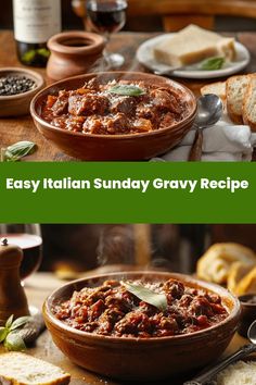 "Easy Italian Sunday Gravy Recipe shown in rustic terracotta bowl filled with rich tomato sauce, tender meat, and garnished with fresh basil leaves, served alongside crusty bread, wine, and parmesan cheese on a wooden table setting"